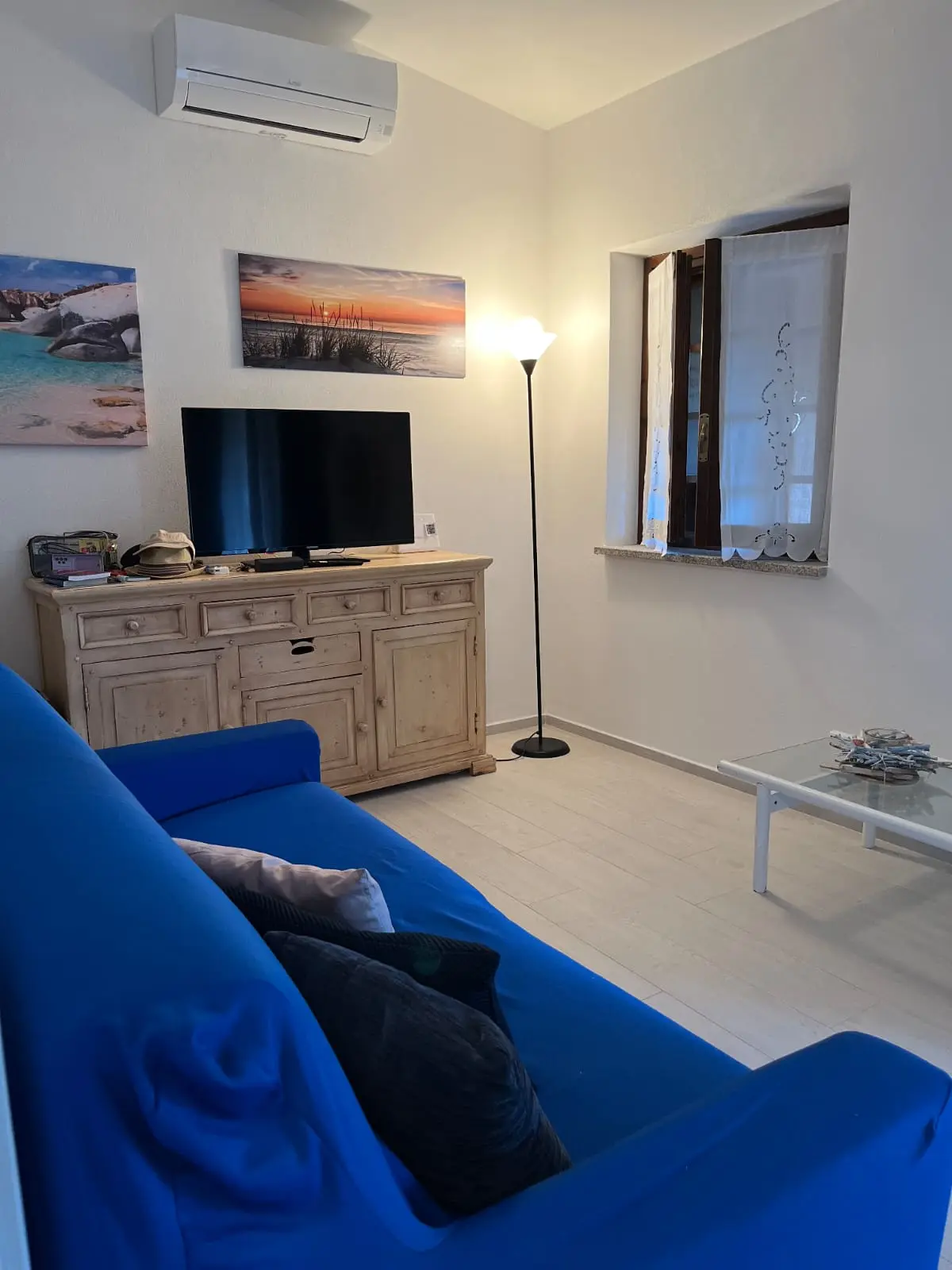 Air-conditioned living room with blue sofa and flat-screen television