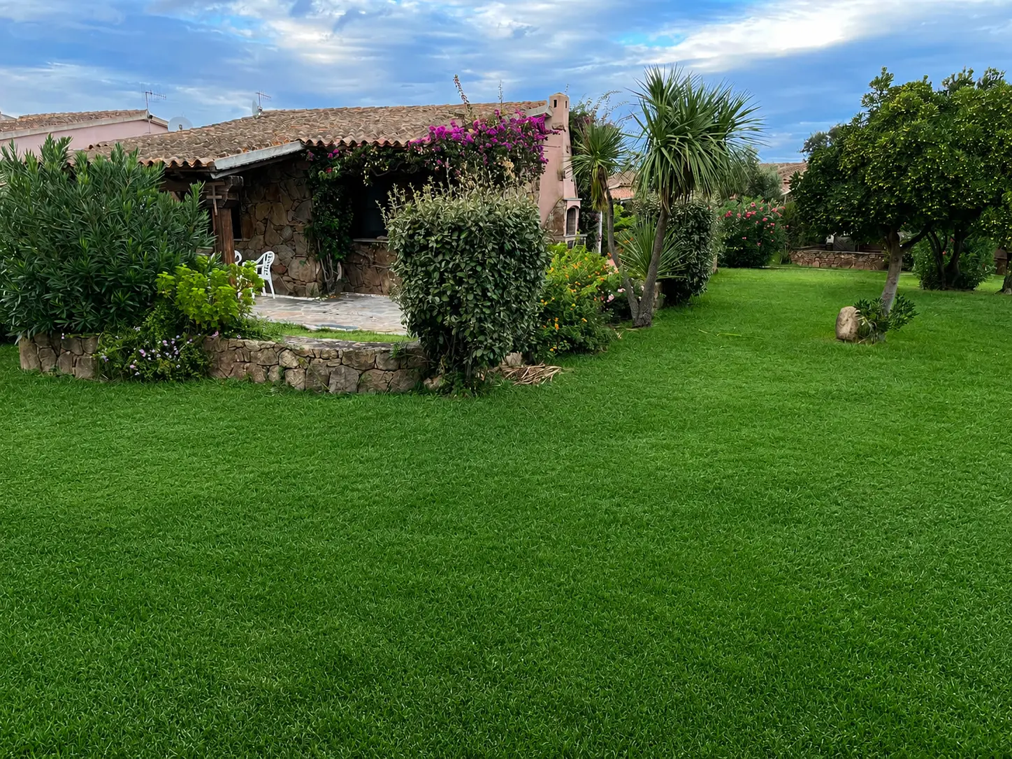 Wide view of the private Mediterranean lawn surrounding the villa