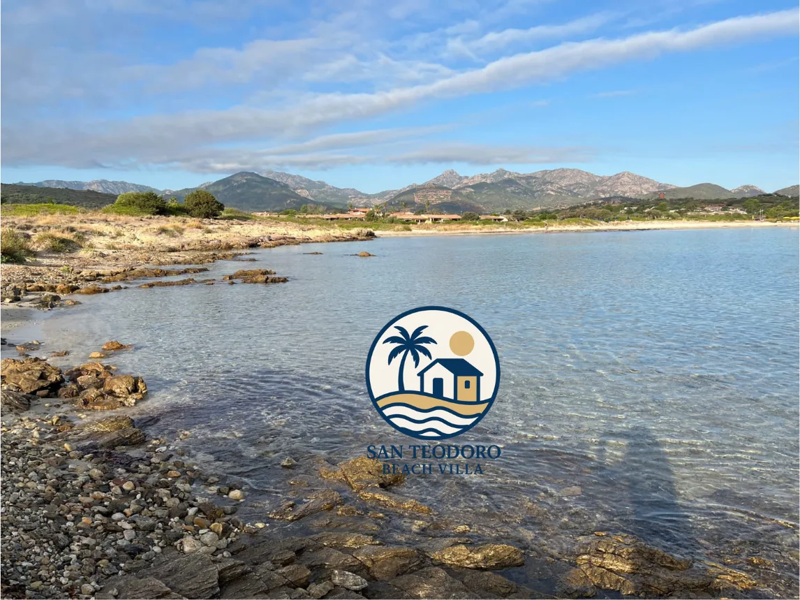 Clear shallow water in a rocky cove near San Teodoro with the mountains behind
